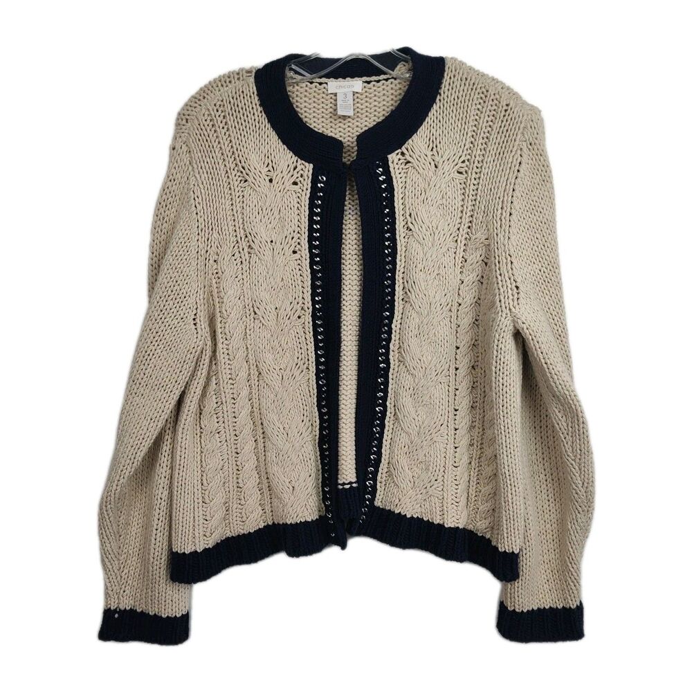 Chico's Cable Knit Single Clasp Women's Cardigan, Sz 3, Beads, Beige & Blue